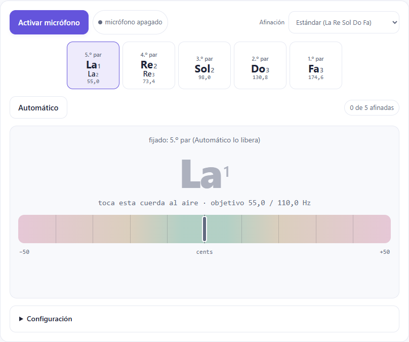 Afinador de bajo quinto de Lalatone con el quinto par seleccionado y las notas La1 y La2