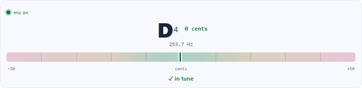 Erhu tuner reading D4 at about 293.66 Hz with the needle centered, measured from a test tone