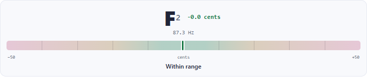Kora tuner reading F2 at about 87.31 Hz on string ←1 of the Modern F major profile, measured from a test tone
